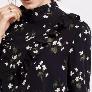 Ann Taylor Floral Ruffle Mock Neck Blouse